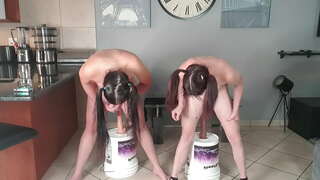 2 naked small titted pigtailed sluts both doing the dildo squat fuck challenge together | dildo ride